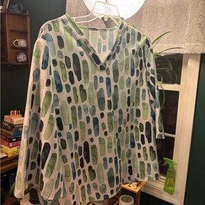 Blue & Green Watercolor Print Tunic Top - XL